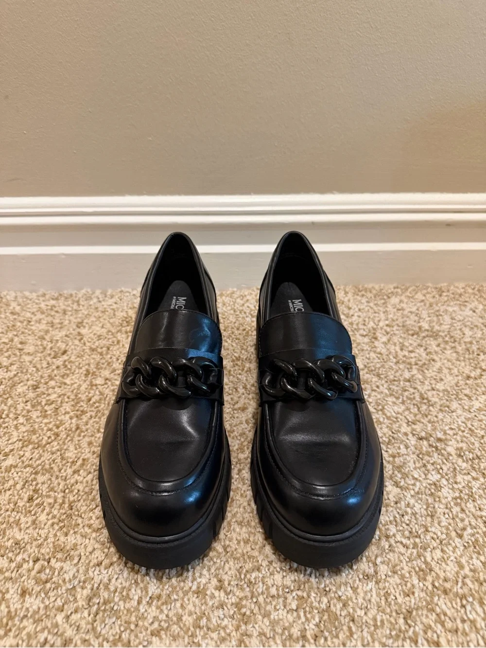 Michael Shannon Black Chunky Emilia Platform Loafers with Chain Detail Size 9